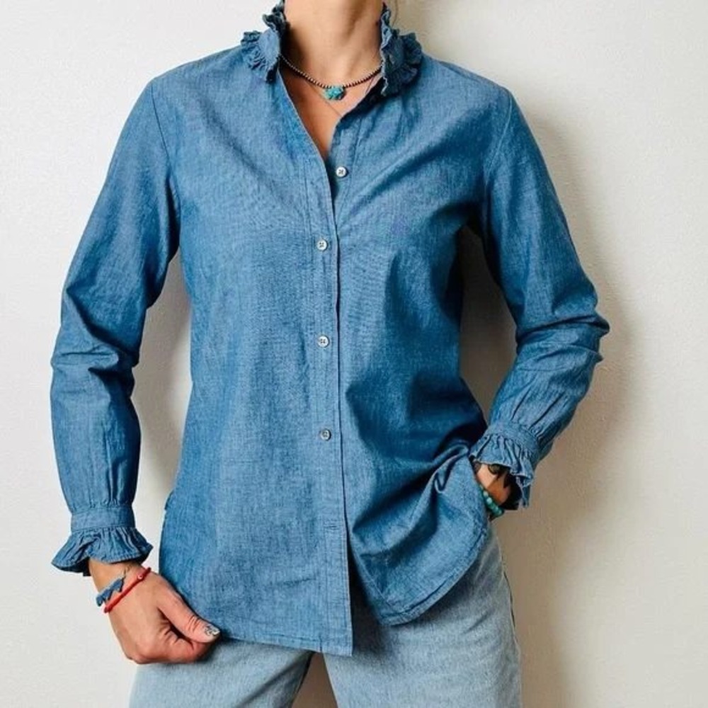 J.Crew Classic Ruffle Collar‎ Chambray Shirt Blue Cotton Long Sleeve Size 6